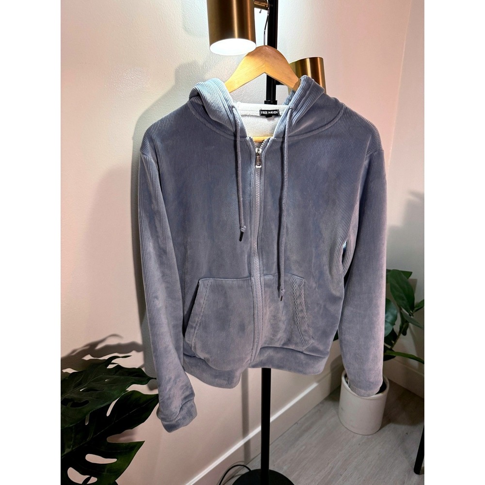 Free Haven Womens Rib Corduroy velour fleece Hoodie Blue XS Stretch Fleece Lined